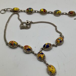 Necklace and bracelet mosaic jasper gemstone silver plated chain